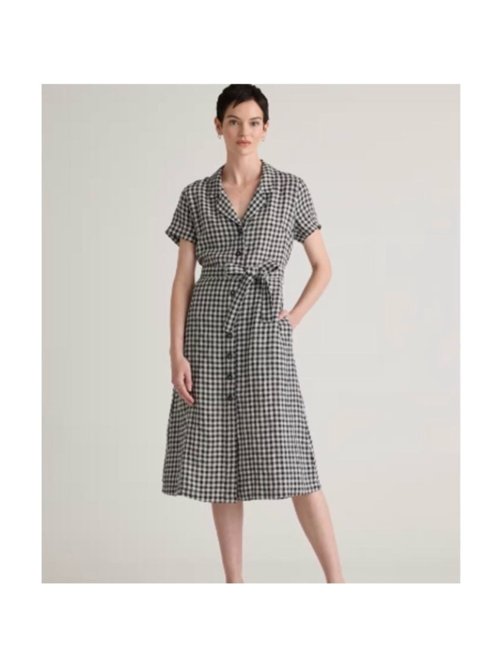 Quince 100% European Linen Button Front Dress Black Gingham X-Large